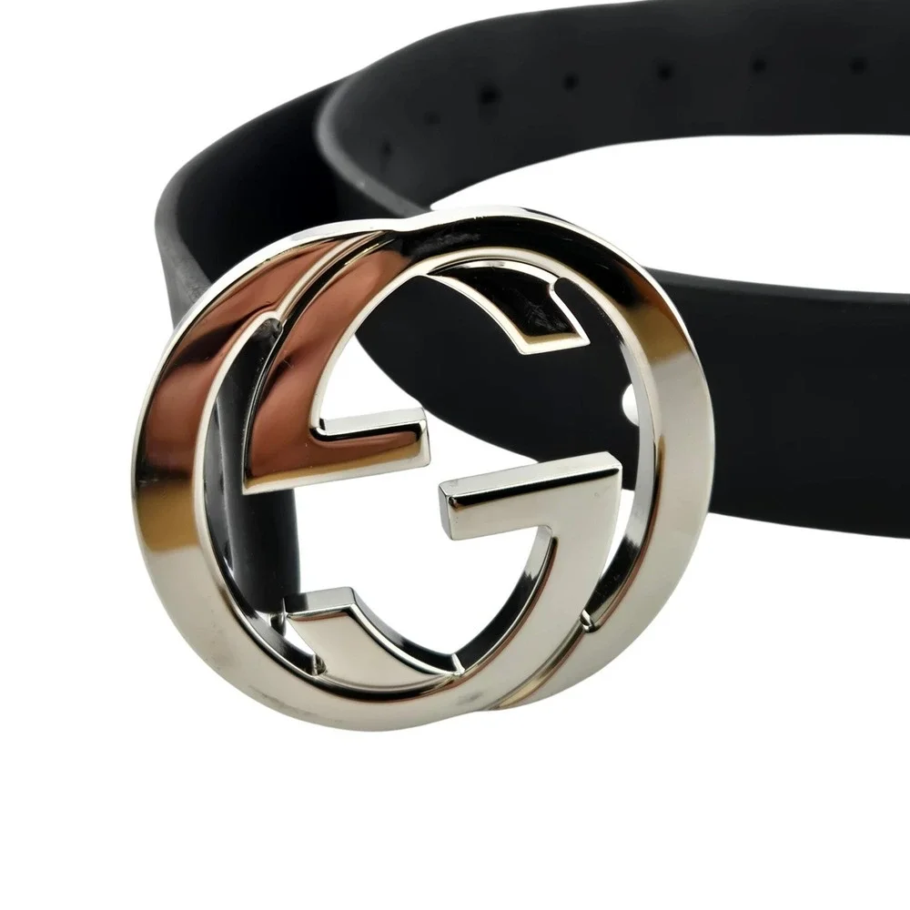 Gucci Interlocking G Belt Black Leather Silver Buckle Mens 44 Inch Large